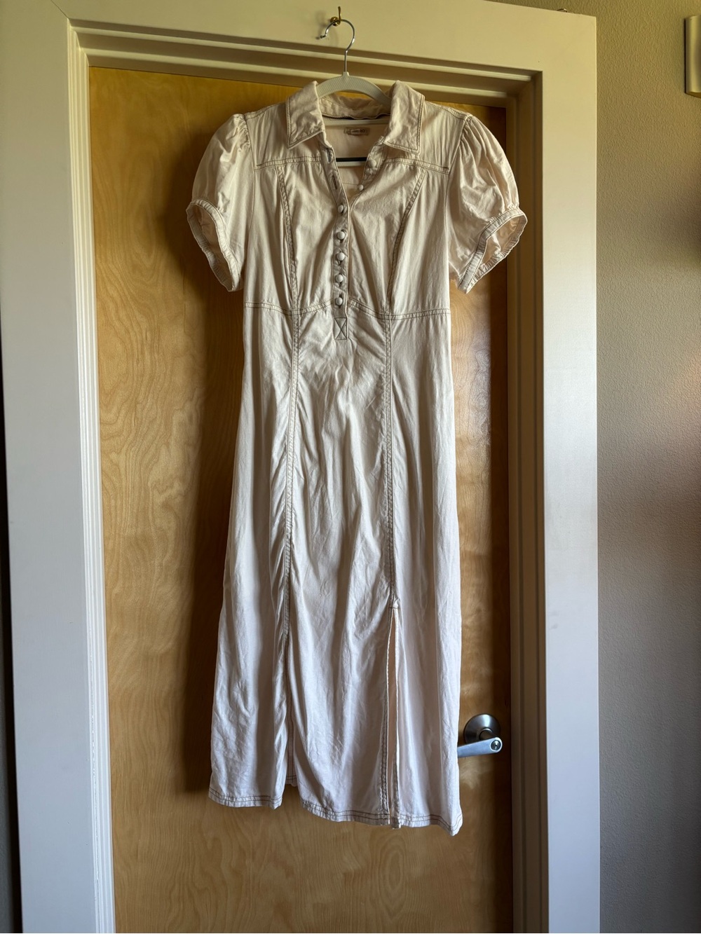 Anthropologie Pilcro Rebekah Linen Slim Midi Dress Ivory Puff Sleeve Collared S